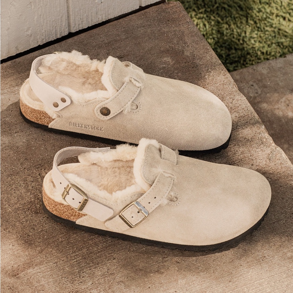 Birkenstock Tokio Shearling Suede Leather Clogs in Taupe Size 6/6.5 Medium